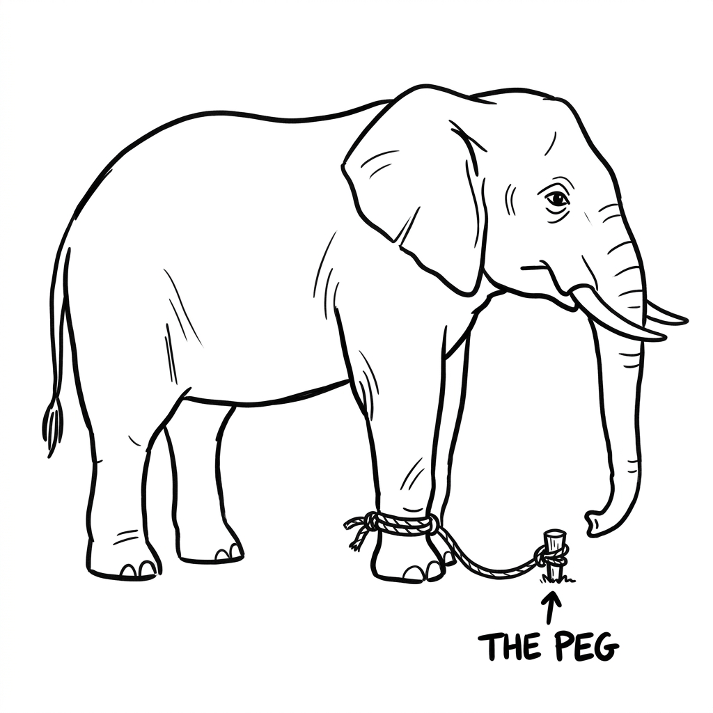 Hand-drawn whiteboard sketch of a large elephant tethered to a small peg in the ground. The rope is slack, not pulled on.