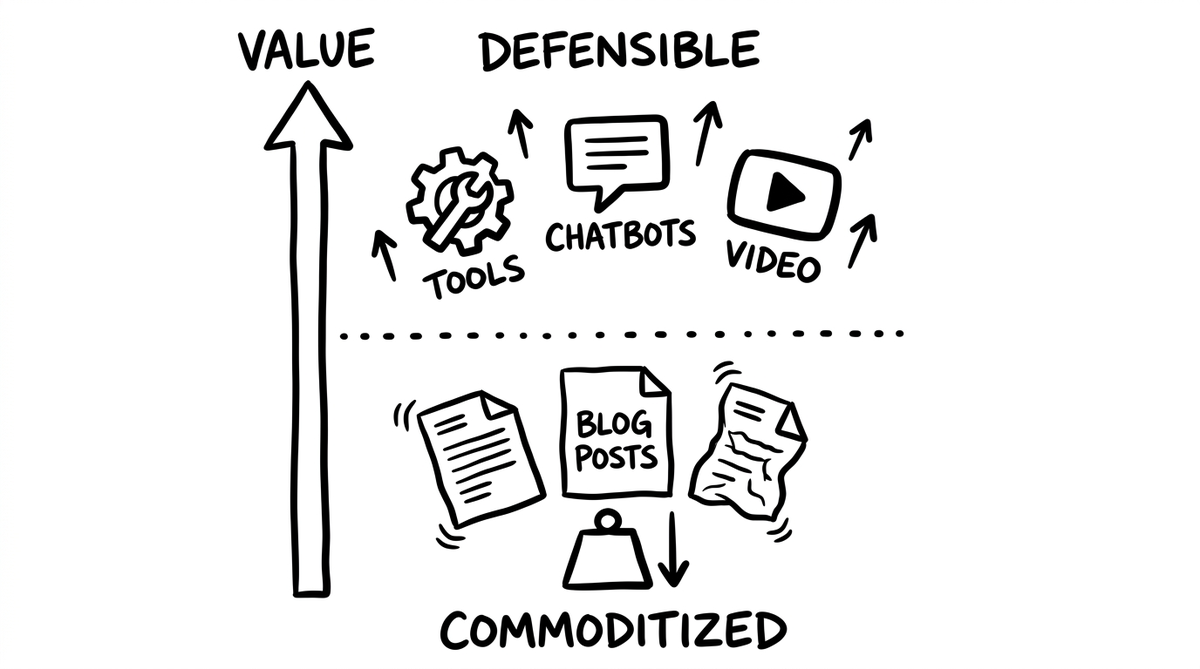 Content value spectrum from commoditized blog posts at the bottom to defensible tools, chatbots, and video at the top