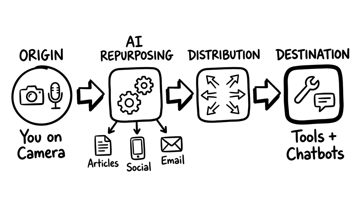 The new content stack: origin channel to AI repurposing to distribution to interactive website destination