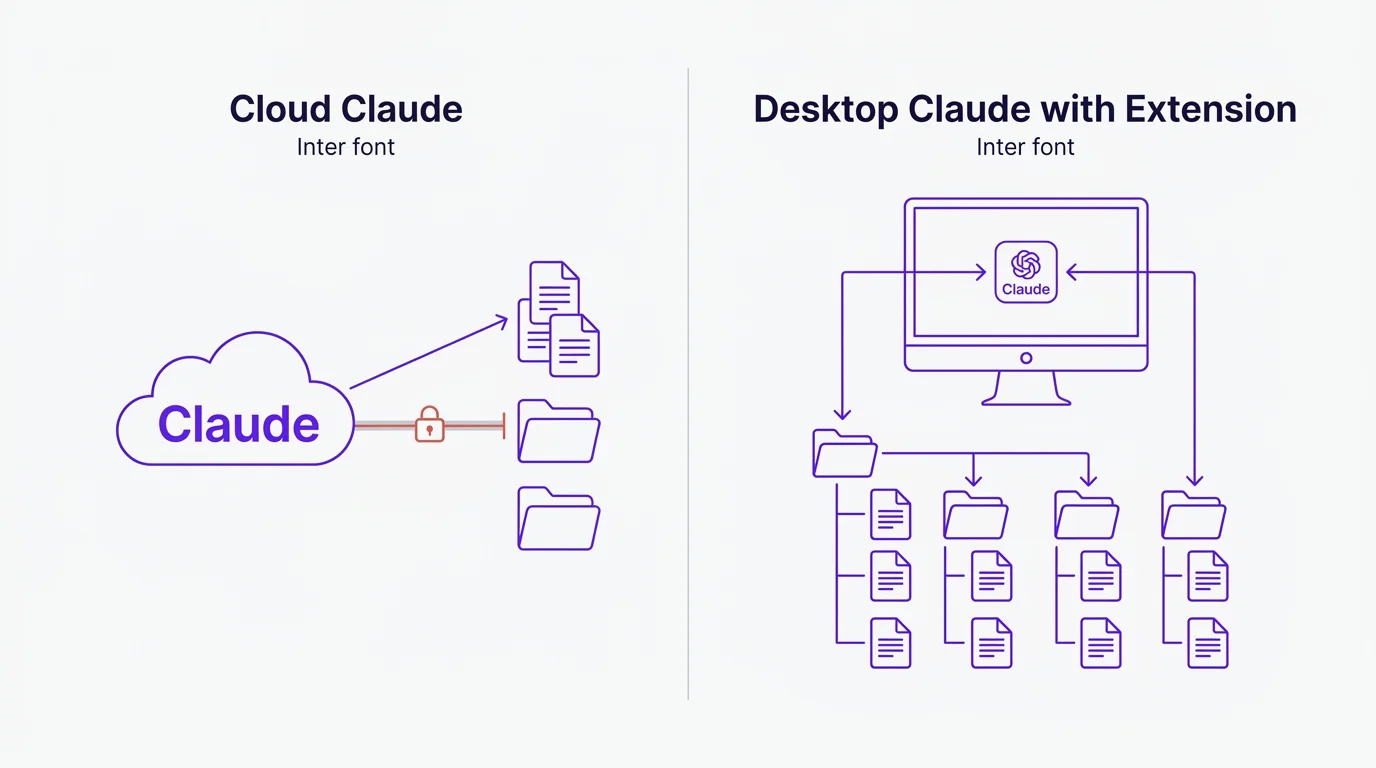 Split diagram. Left panel: cloud Claude reaching toward local files but blocked. Right panel: desktop Claude with extension, hands inside the file system.
