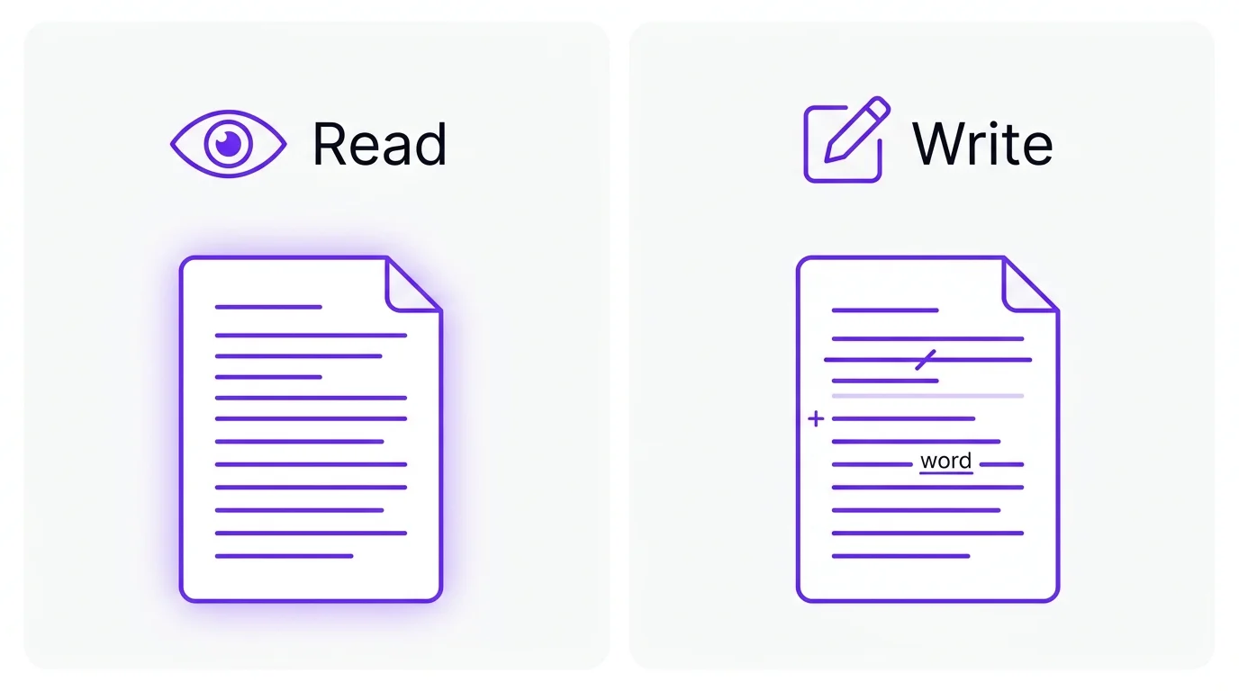 Two-panel split diagram. Left: eye icon, 'Read' label, Claude looking at a document. Right: pencil icon, 'Write' label, Claude editing the document.