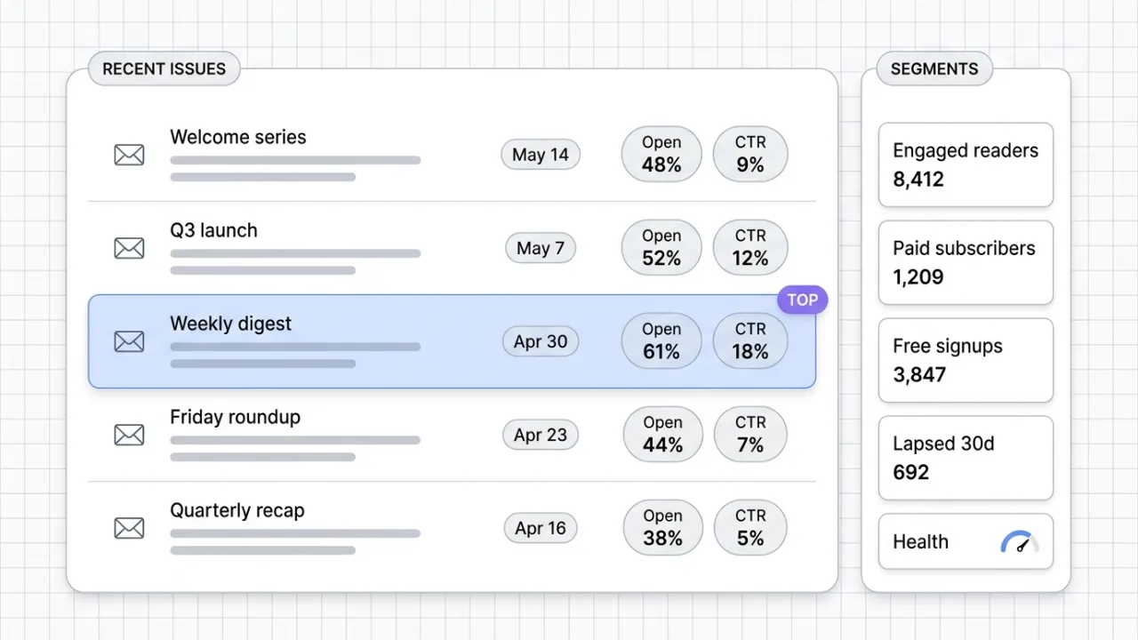A clean software UI showing a newsletter performance dashboard with a Recent Issues list (titles, dates, open rates, click rates) on the left and a Segments sidebar (subscriber counts by audience segment) on the right, representing the beehiiv MCP surfacing publication data inside a Claude conversation.