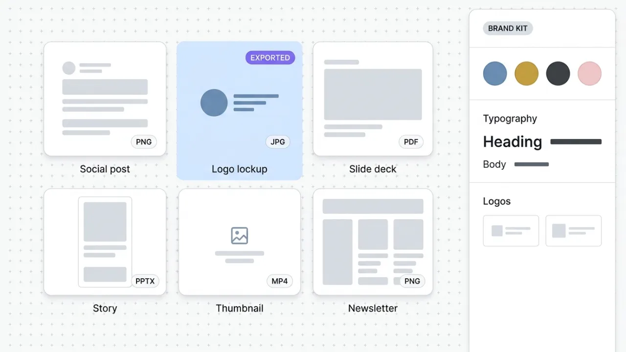 A clean software UI showing a grid of design thumbnails (social post, logo lockup, slide deck, story, thumbnail, newsletter) with a Brand Kit sidebar listing color swatches, typography, and logos, representing the Canva MCP generating and exporting branded designs from a Claude conversation.