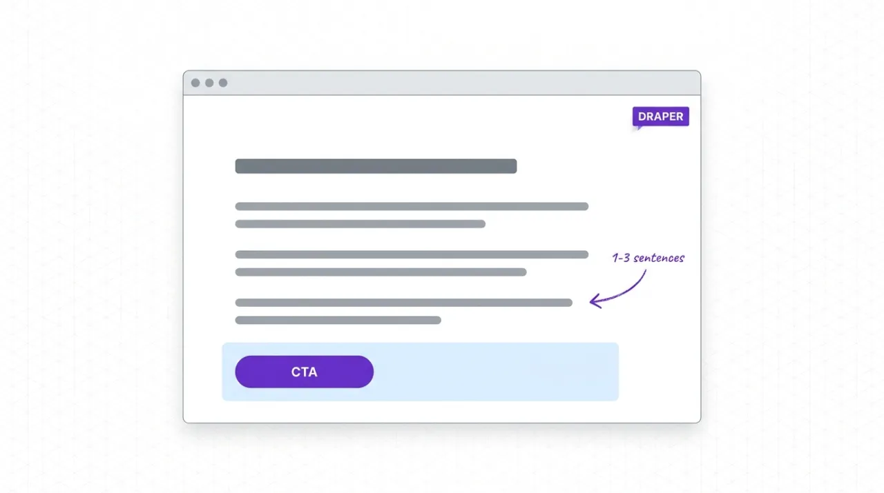 An editorial sales-page draft on a desk with a clean ruled annotation in the margin, a vintage typewriter to the side, and a single highlighted CTA line, representing the Draper voice file as a portable rule set a copywriter brings to every promotional piece.