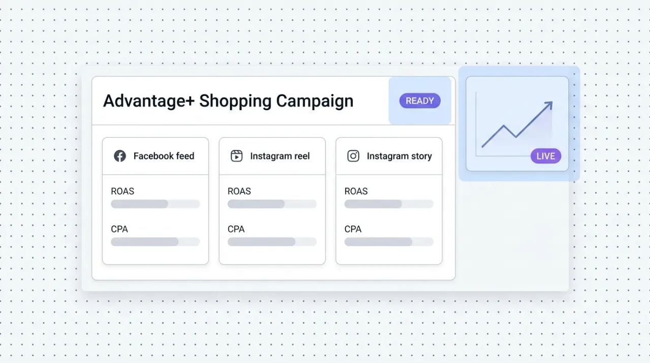 A clean ad-platform dashboard showing campaign performance cards, audience targeting controls, and creative thumbnails for Facebook feed, Instagram reel, and Instagram story placements, representing the Meta Ads MCP managing Facebook and Instagram campaigns from a Claude conversation.