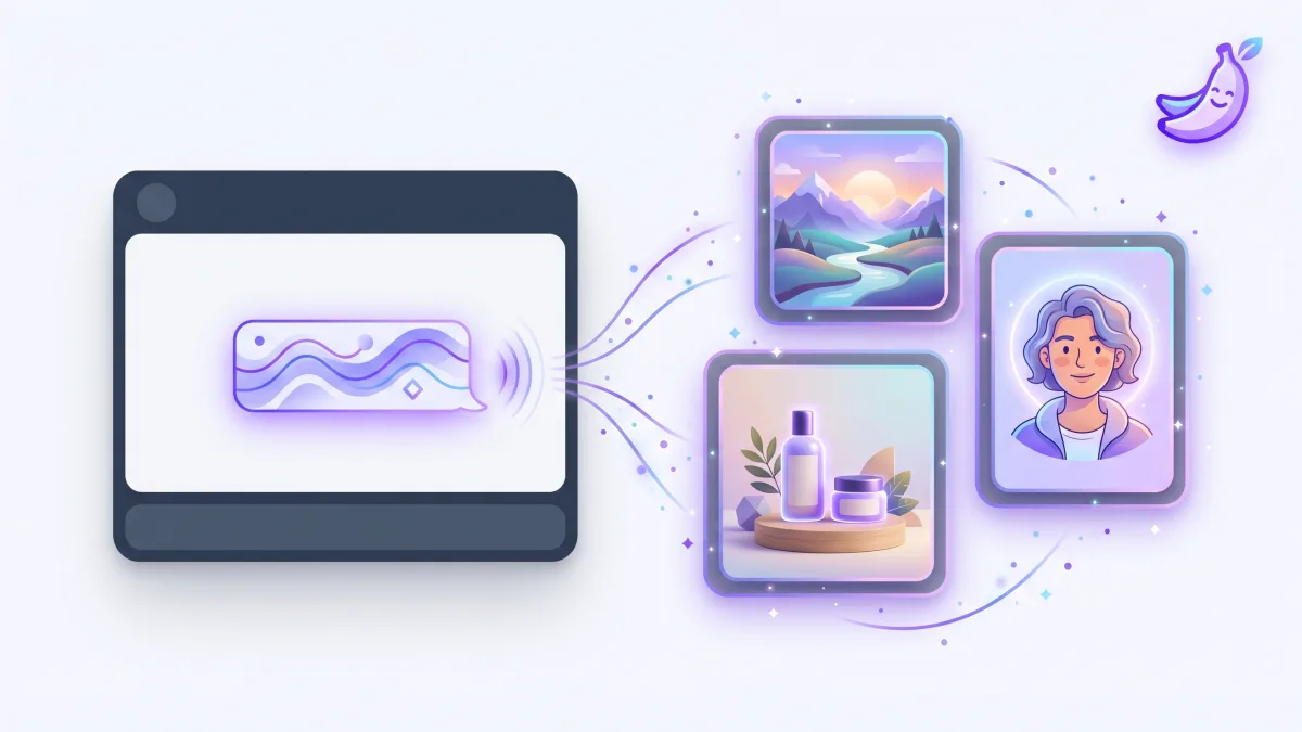 Illustration of a chat assistant generating images. A conversation panel on the left and freshly generated image thumbnails (a landscape header, a product mockup, and a portrait) appearing on the right, with a small banana motif and violet accents on a light background.