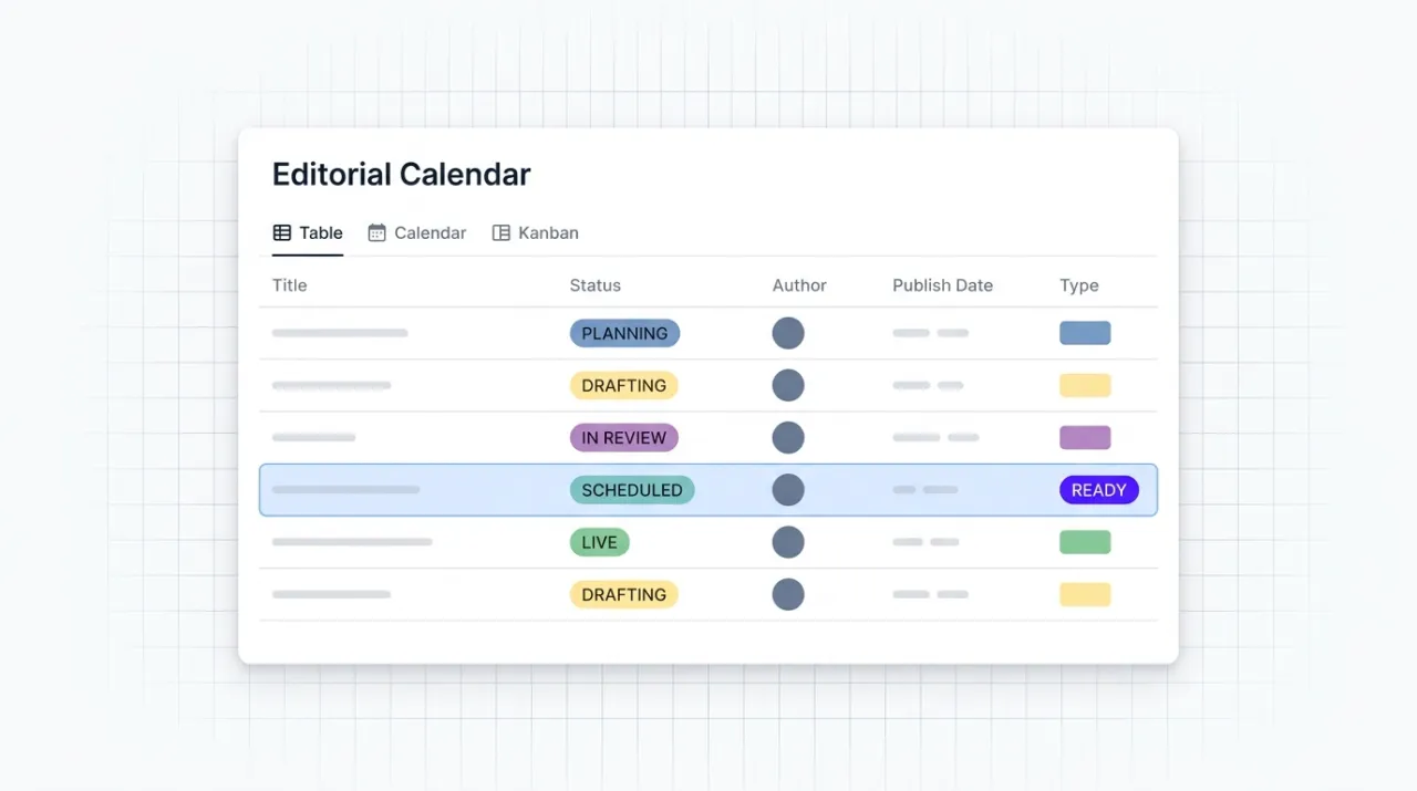 A marketer's workspace with a sleek laptop showing an abstract dashboard of linked document blocks, an editorial calendar, and structured database cards, representing the Notion MCP running content operations from a Claude conversation.