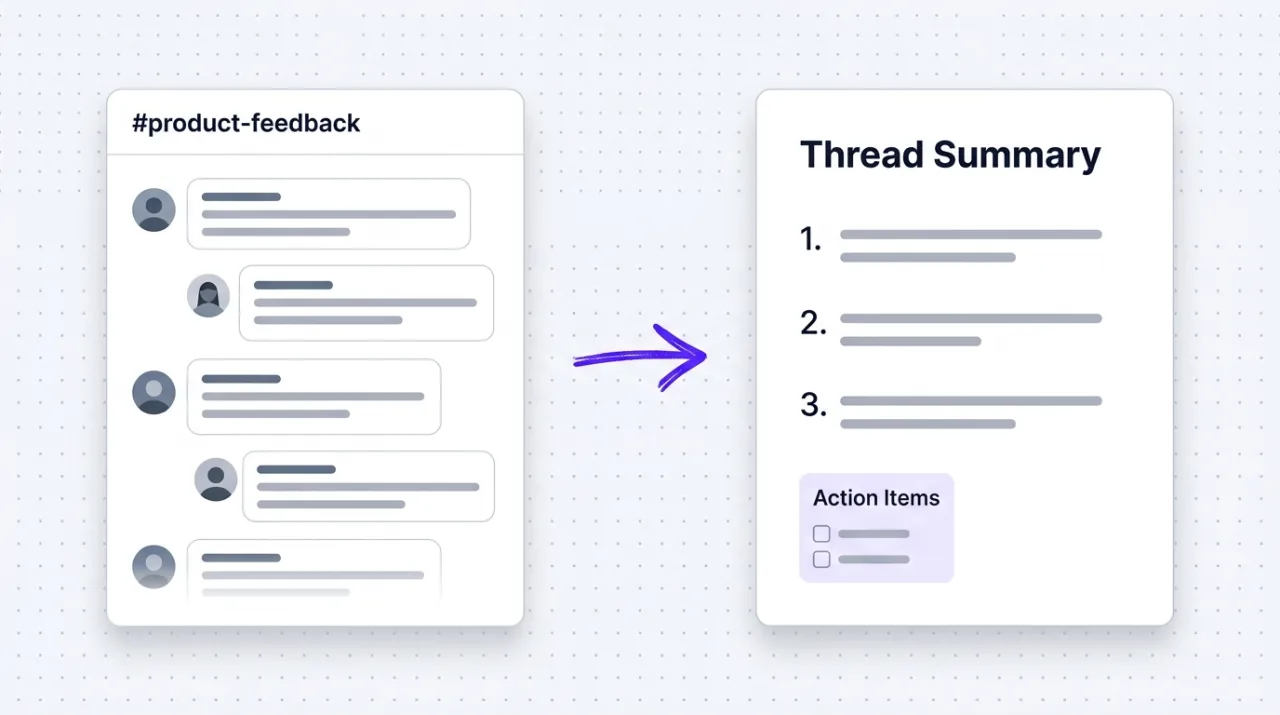 A team's workspace with a sleek laptop showing an abstract messaging interface with multiple stacked conversation threads, channel cards, and floating user avatars, representing the Slack MCP pulling team context into a Claude conversation.
